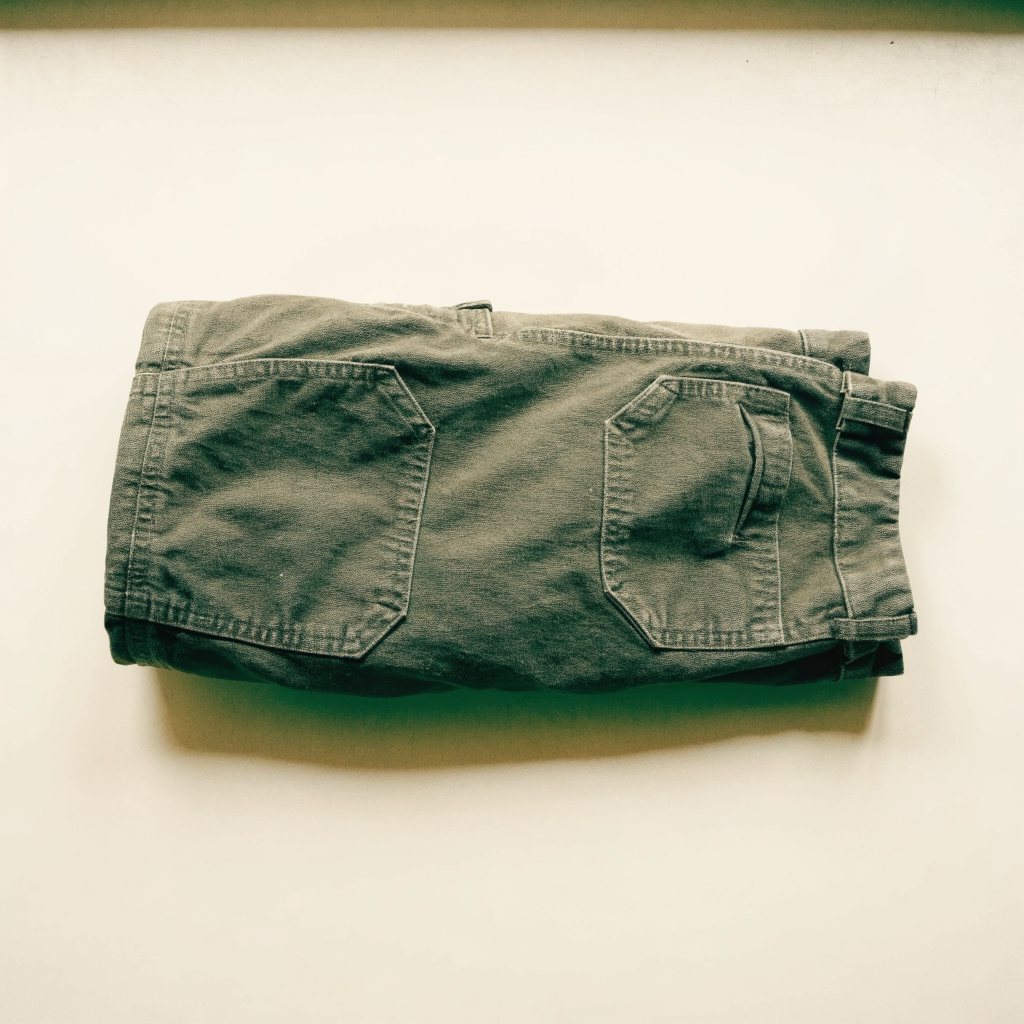 Olive canvas cargo work pants flat lay